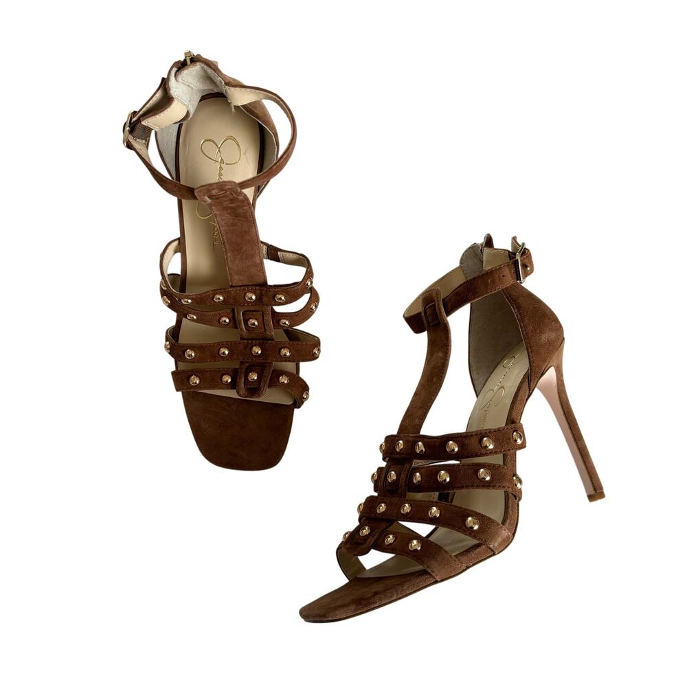 Jessica Simpson Oprina Brown Suede Studded Caged Ankle Dress Sandals Size 10